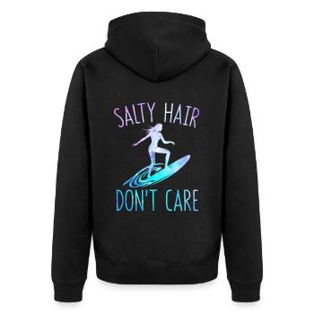Salty Hair, Don't Care Funny Surfer Girl Surfboard - Unisex Premium Bio Zip Hoodie - Schwarz - Hinten - Nico (187cm)