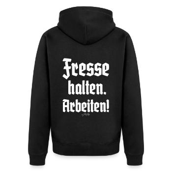 Handwerker-Spruch: Fresse halten und Arbeiten - Unisex Premium Bio Zip Hoodie - Schwarz - Hinten - Nico (187cm)