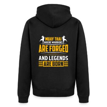Muay Thai, wo Krieger und Legenden geschmiedet werden - Unisex Premium Bio Zip Hoodie - Schwarz - Hinten - Nico (187cm)