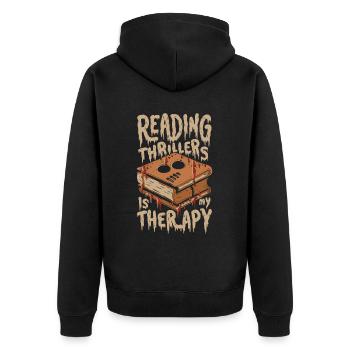 Reading Thrillers Is My Therapy - Unisex Premium Bio Zip Hoodie - Schwarz - Hinten - Nico (187cm)