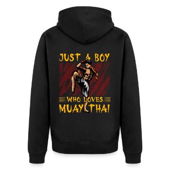 Just a Boy, der Muay Thai liebt - Unisex Premium Bio Zip Hoodie - Schwarz - Hinten - Nico (187cm)