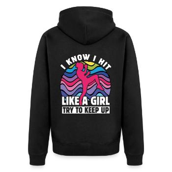Ich weiß, ich schlage wie ein Mädchen, versuche mitzuhalten - Unisex Premium Bio Zip Hoodie - Schwarz - Hinten - Nico (187cm)