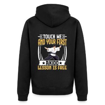Berühre mich und deine erste Aikido-Stunde ist kostenlos - Unisex Premium Bio Zip Hoodie - Schwarz - Hinten - Nico (187cm)