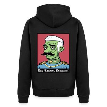Zolle Respekt, ihr Bauern - der Edelmann - Unisex Premium Bio Zip Hoodie - Schwarz - Hinten - Nico (187cm)