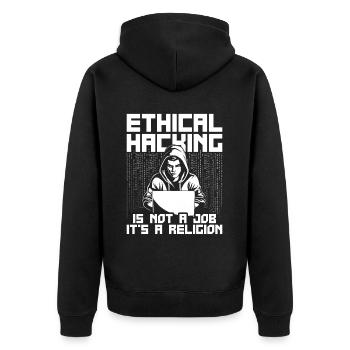 Ethical Hacking Is Not A Job It's A Religion - Unisex Premium Bio Zip Hoodie - Schwarz - Hinten - Nico (187cm)