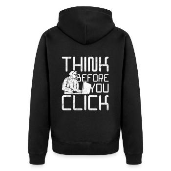 Ethischer Hacker Think Before You Click - Unisex Premium Bio Zip Hoodie - Schwarz - Hinten - Nico (187cm)