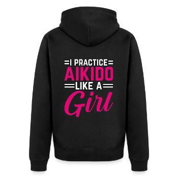 Ich praktiziere Aikido wie ein Mädchen - Unisex Premium Bio Zip Hoodie - Schwarz - Hinten - Nico (187cm)