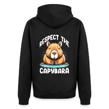 Respect The Capybara - Unisex Premium Bio Zip Hoodie - Schwarz - Hinten - Nico (187cm)