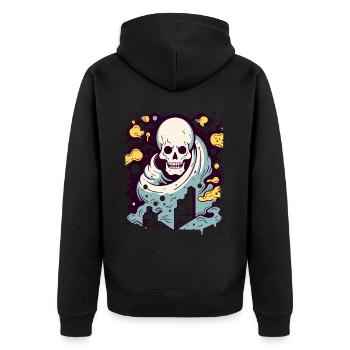 Interaktive Farbe, Moderner IndustrieTotenkopf - Unisex Premium Bio Zip Hoodie - Schwarz - Hinten - Nico (187cm)