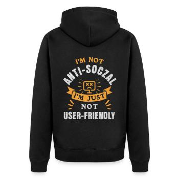Not Anti-Social, Just Code-Friendly - Unisex Premium Bio Zip Hoodie - Schwarz - Hinten - Nico (187cm)