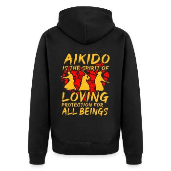 Aikido ist der Geist des liebevollen Schutzes für alle - Unisex Premium Bio Zip Hoodie - Schwarz - Hinten - Nico (187cm)