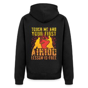 Berühre mich und deine erste Aikido-Stunde ist kostenlos - Unisex Premium Bio Zip Hoodie - Schwarz - Hinten - Nico (187cm)