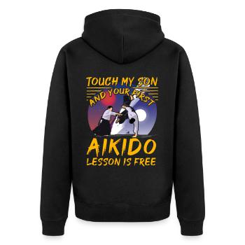 Touch my Son und Ihre erste Aikido-Stunde ist kostenlos - Unisex Premium Bio Zip Hoodie - Schwarz - Hinten - Nico (187cm)