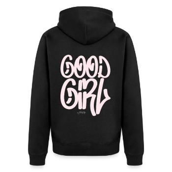 Text: pink Good Girl, gutes Mädchen - Unisex Premium Bio Zip Hoodie - Schwarz - Hinten - Nico (187cm)
