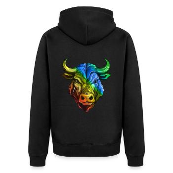 Bulle Kopf Taurus Bunt - Unisex Premium Bio Zip Hoodie - Schwarz - Hinten - Nico (187cm)