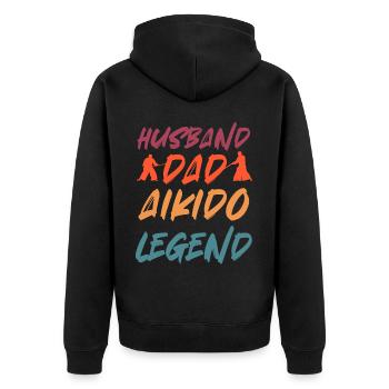 Ehemann Papa Aikido Legende - Unisex Premium Bio Zip Hoodie - Schwarz - Hinten - Nico (187cm)