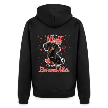 Mein Wuff ist mein Ein und Alles - Dackel Liebe - Unisex Premium Bio Zip Hoodie - Schwarz - Hinten - Nico (187cm)