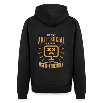 Not Anti-Social, Just Code-Friendly - Unisex Premium Bio Zip Hoodie - Schwarz - Hinten - Nico (187cm)