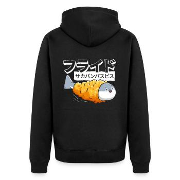 Sacabambaspis Fisch Meme Japanisch Gebraten - Unisex Premium Bio Zip Hoodie - Schwarz - Hinten - Nico (187cm)