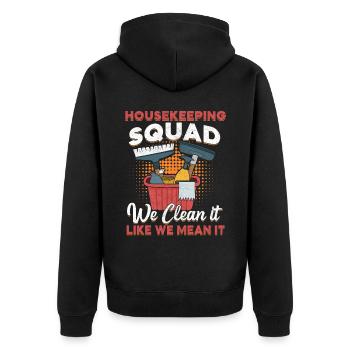 Housekeeping Squad - Unisex Premium Organic Zip Hoodie - black - Back - Nico (187cm)