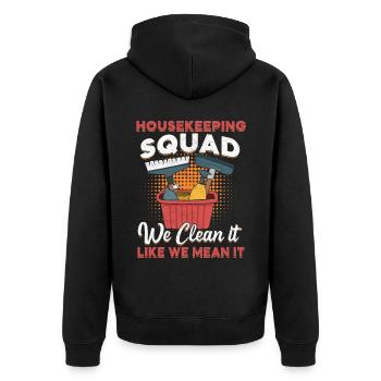 Housekeeping Squad - Unisex Premium Organic Zip Hoodie - black - Back - Nico (187cm)