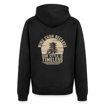 Wing Chun, weil unser Stil zeitlos ist - Unisex Premium Bio Zip Hoodie - Schwarz - Hinten - Nico (187cm)