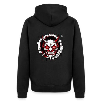 Aus dem Riss in der Wand schaut ein Satan heraus - Unisex Premium Bio Zip Hoodie - Schwarz - Hinten - Nico (187cm)