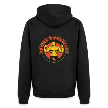 Bewundere meine Muskeln, muskulöser Bodybuilder - Unisex Premium Bio Zip Hoodie - Schwarz - Hinten - Nico (187cm)