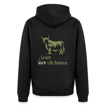 Graze Work Life Balance – Scottish Highland Cow - Unisex Premium Organic Zip Hoodie - black - Back - Nico (187cm)
