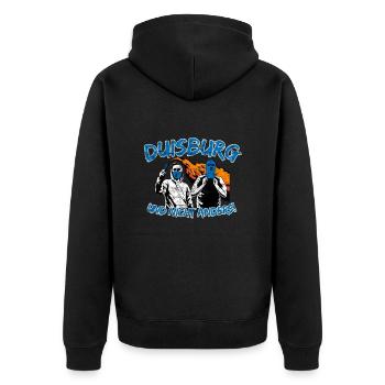 Duisburg und nicht anders UPDATE - Unisex Premium Bio Zip Hoodie - Schwarz - Hinten - Nico (187cm)