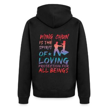 Wing Chun ist der Geist des liebevollen Schutzes - Unisex Premium Bio Zip Hoodie - Schwarz - Hinten - Nico (187cm)