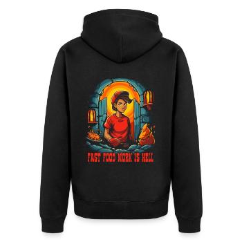 Fast-Food-Arbeit ist die Hölle - Unisex Premium Bio Zip Hoodie - Schwarz - Hinten - Nico (187cm)