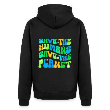 Erde Tag Groovy Hippie 70s Retro Retro - Unisex Premium Bio Zip Hoodie - Schwarz - Hinten - Nico (187cm)