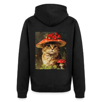 Vintage Katze in einem Pilz Blumenhut Cottagecore - Unisex Premium Bio Zip Hoodie - Schwarz - Hinten - Nico (187cm)