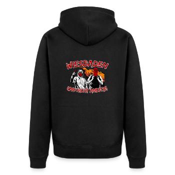 Wiesbaden und nicht anders UPDATE - Unisex Premium Bio Zip Hoodie - Schwarz - Hinten - Nico (187cm)