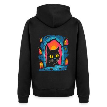 A work of art: Cartoon of a cat in a dungeon - Unisex Premium Organic Zip Hoodie - black - Back - Nico (187cm)