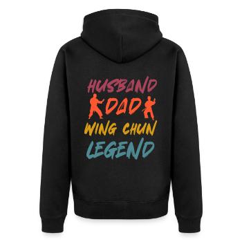 Ehemann Papa Wing Chun Legende - Unisex Premium Bio Zip Hoodie - Schwarz - Hinten - Nico (187cm)