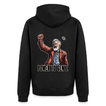 Fist in the air, Boomer Protest: Power for Gen Z - Unisex Premium Organic Zip Hoodie - black - Back - Nico (187cm)