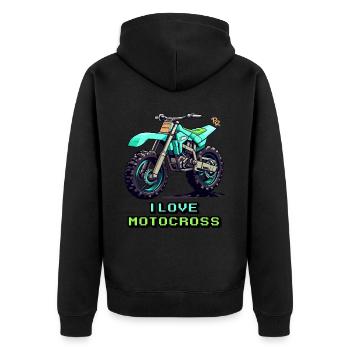 Pixelkunst Motorrad: Ich liebe Motocross - Unisex Premium Bio Zip Hoodie - Schwarz - Hinten - Nico (187cm)