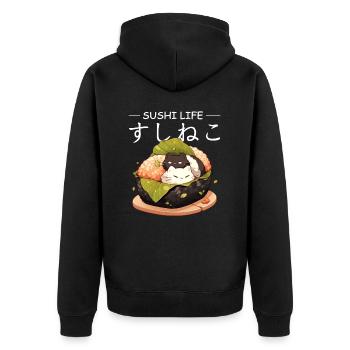 Sushi Life Cute Cats Anime Food Japanese Kanji - Unisex Premium Bio Zip Hoodie - Schwarz - Hinten - Nico (187cm)