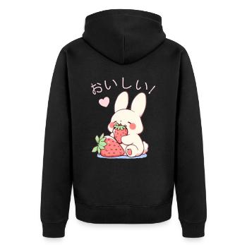 Cute Bunny Eating Strawberries Kanji Kawaii Rabbit - Unisex Premium Bio Zip Hoodie - Schwarz - Hinten - Nico (187cm)