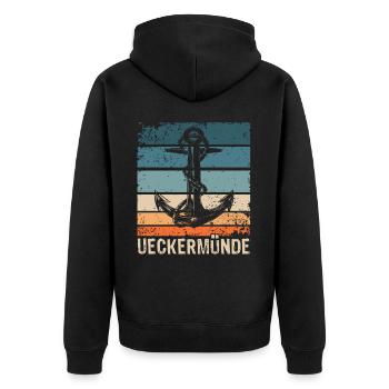 Ueckermünde Sprüche - Unisex Premium Bio Zip Hoodie - Schwarz - Hinten - Nico (187cm)