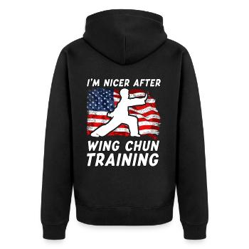 Ich bin netter nach dem Wing Chun Training - Unisex Premium Bio Zip Hoodie - Schwarz - Hinten - Nico (187cm)
