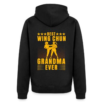 Beste Wing Chun Oma aller Zeiten - Unisex Premium Bio Zip Hoodie - Schwarz - Hinten - Nico (187cm)