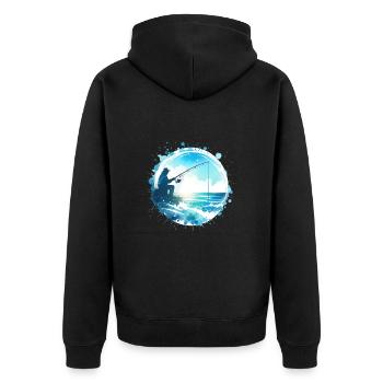 Angler mit Angel fischt am Meer - Unisex Premium Bio Zip Hoodie - Schwarz - Hinten - Nico (187cm)