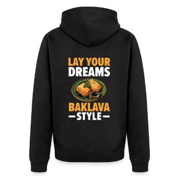 Baklava Pâtisserie Dessert Gourmand Moyen-Orient - Veste à capuche bio Premium Unisexe - noir - Dos - Nico (187cm)
