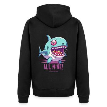 Ich esse alle Süßigkeiten, der "Alles-meins"-Hai - Unisex Premium Bio Zip Hoodie - Schwarz - Hinten - Nico (187cm)