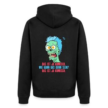 das ist ja komisch, wie kann das denn sein - Unisex Premium Bio Zip Hoodie - Schwarz - Hinten - Nico (187cm)
