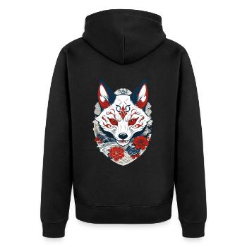 Japanese Kitsune Yokai Ukiyo-E Streetwear - Unisex Premium Organic Zip Hoodie - black - Back - Nico (187cm)