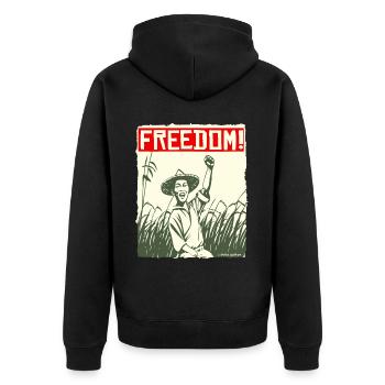 Asian Rice Farmer: Freedom - Unisex Premium Organic Zip Hoodie - black - Back - Nico (187cm)